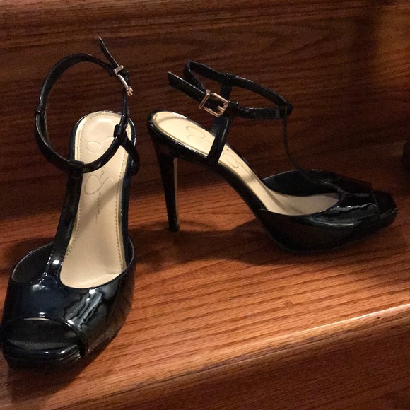 black t strap peep toe heels